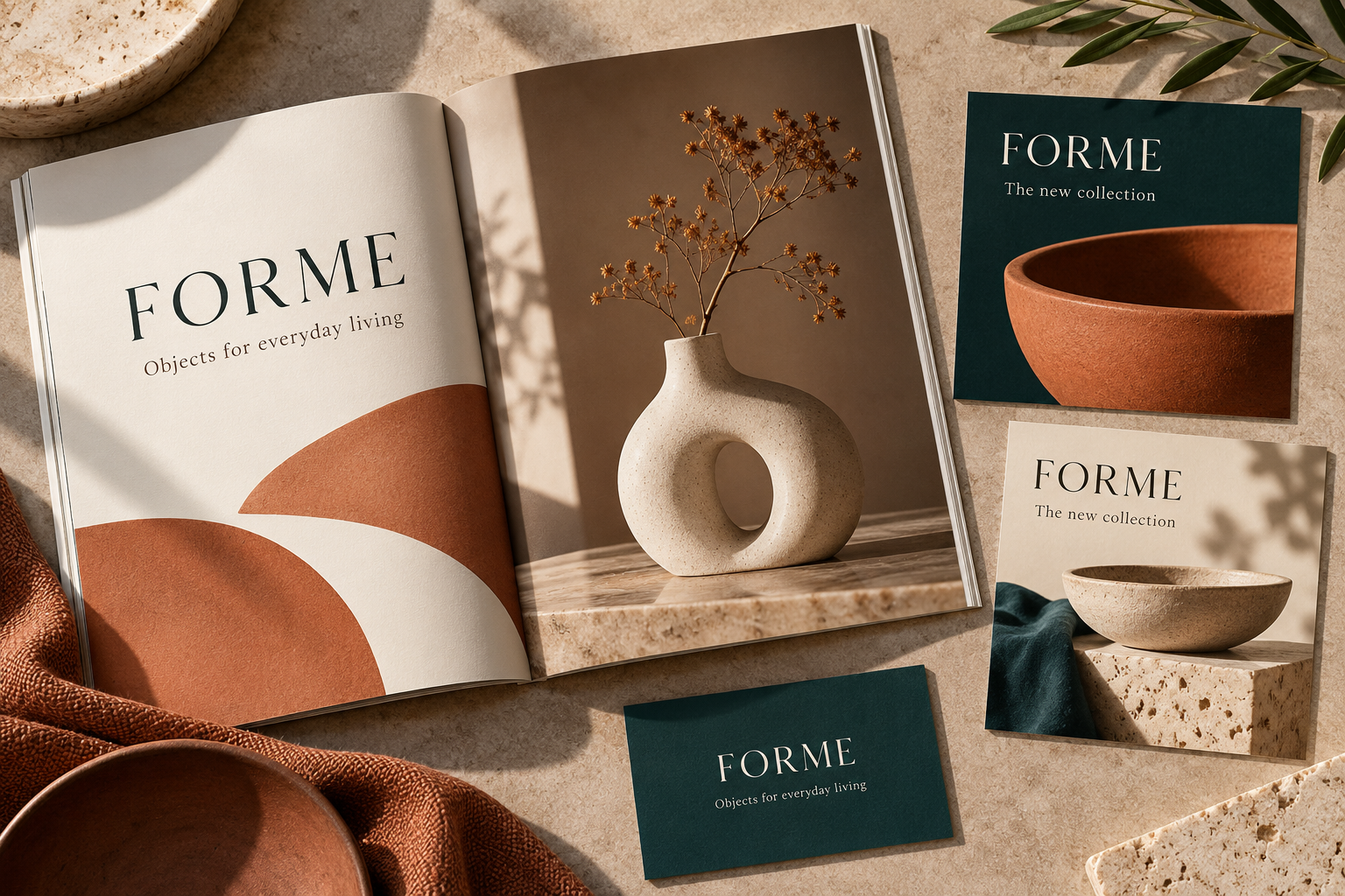 Illustrative FORME homewares concept: coordinated product lookbook, social creatives and business card